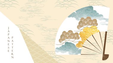 Geometrik şablon vektörlü Japon arka planı. El çizimi elemanları olan soyut sanat dekorasyonu klasik tarzda pankarttır. Suluboya desenli fan vektörü.