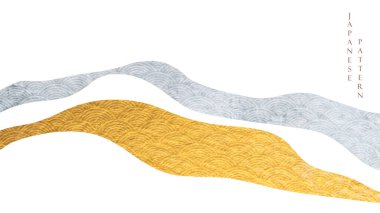 Altın ve gri doku vektörlü soyut manzara arkaplanı. Japonların el çizimleri eğri elementler ve eski tarz dağ ormanı afişleri..