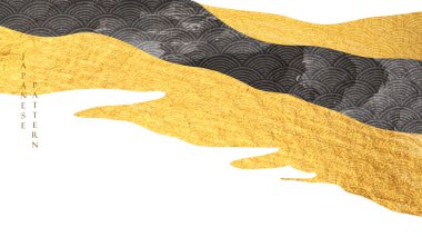 Japon dalga şablon vektörüyle soyut bir arkaplan. Altın ve siyah desenli afiş, sanat manzarası şablonu, klasik tarzda..