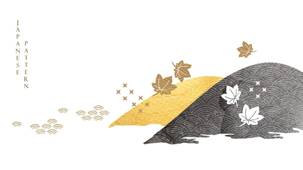 Japanese banner design with gold and black texture vector. Art landscape background with leaves and wave decoration in vintage style.