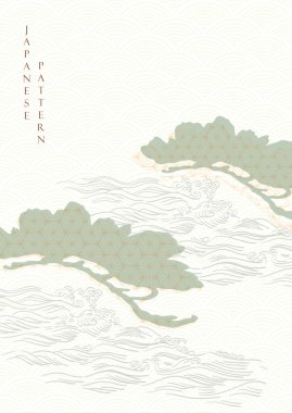 Bonsai element vektörlü Çin arkaplanı. Klasik tarzda doğal afiş ile el çizimi dalga deseni.