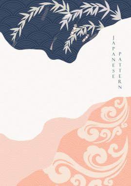 Japon model vektörüyle soyut bir arkaplan. Doğal dağ şablonu, el çizimi dalgası ve bambu simgesi, klasik tarzda..