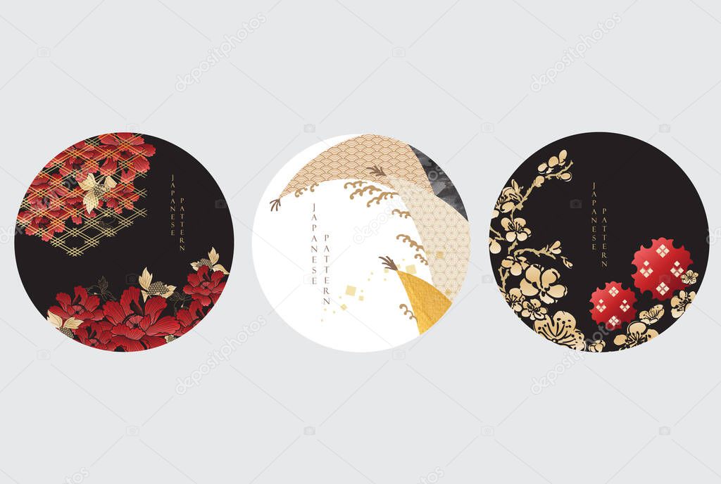 Japanese icon and decoration elements with peony flower vector. Gold texture with floral pattern in luxury style.