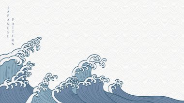 Japon desen vektörüyle el çizimi dalga. Klasik tarzda doğal dekore edilmiş okyanus arkaplanı.