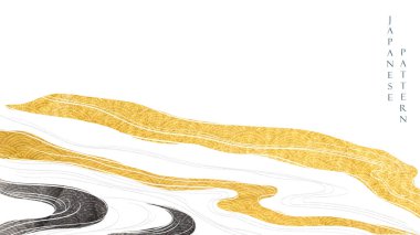 Japon dalga şablon vektörüyle soyut manzara arkaplanı. Altın ve siyah desenli el çizgisi eski tarz..