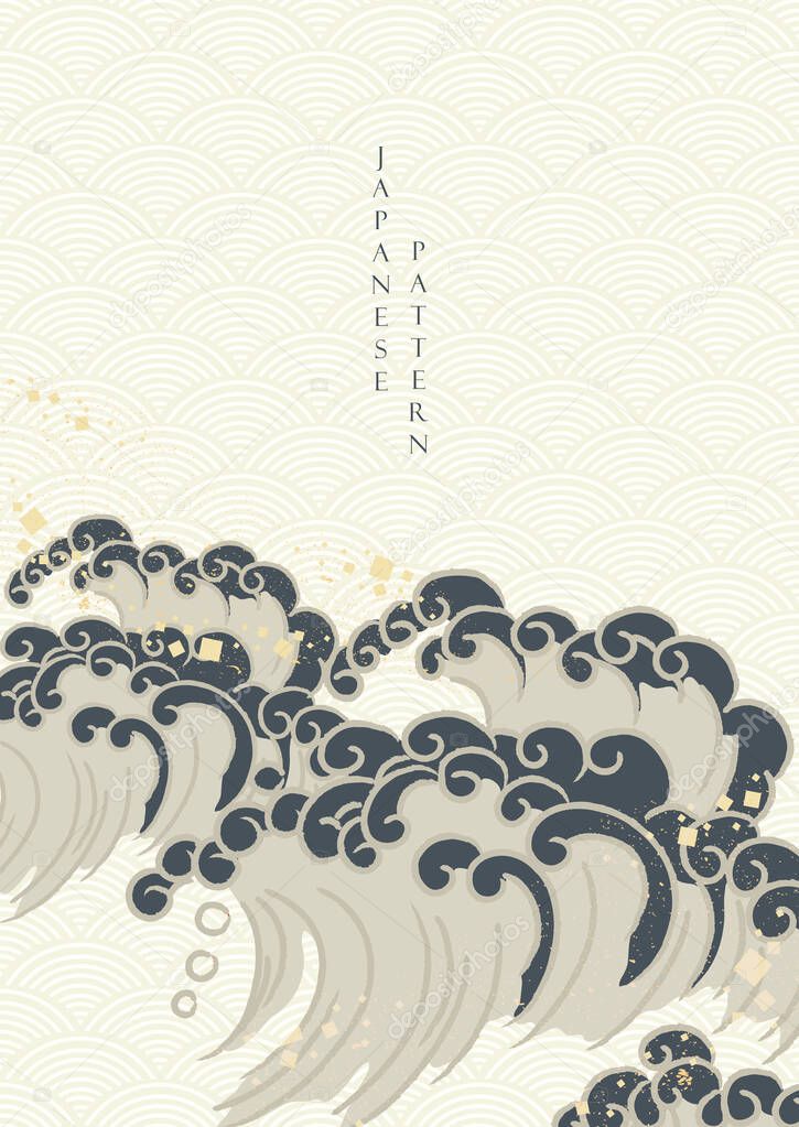 Chinese background with hand drawn wave pattern vector. Natural landscape banner design with Japanese pattern in vintage style.  