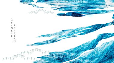 Fırça darbesi vektörlü soyut manzara sanatı. Japon dalga ikonu ve mavi suluboya desenli klasik resim dokusu. 