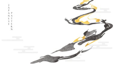 Fırça darbesi vektörlü soyut sanat. Altın ve siyah desenli Japon dalga ikonu ve deseni klasik tarzda. Akan nesne.