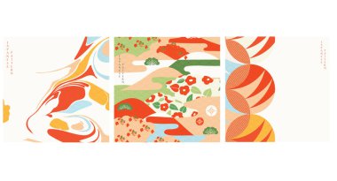 Japon şablonu ve ikon vektörü. Doğulu düğün davetiyesi ve çerçeve geçmişi. Geometrik desen dekorasyonu. Çin tarzında soyut şablon.