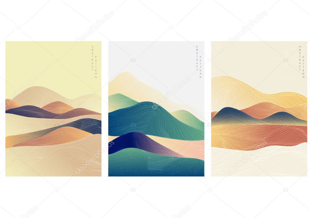 Abstract template with geometric pattern. Mountain forest banner design in vintage style. Japanese background with line wave pattern vector. 