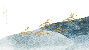 Suluboya doku vektörlü soyut sanat arkaplanı. Japon dalga ikonu afişi ile klasik tarzda dağ manzarası.