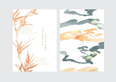 Japon dalga deseni ve sanat manzarası afişi. Suluboya doku vektörüyle soyut arkaplan. Bambu ve bulut elementleri çam ağacı afişi ile klasik tarzda.