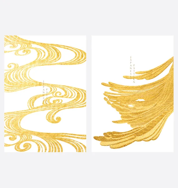金のテクスチャベクトルで抽象アートの背景 日本の文様をヴィンテージ風に描いた手描きの海 — ストックベクタ