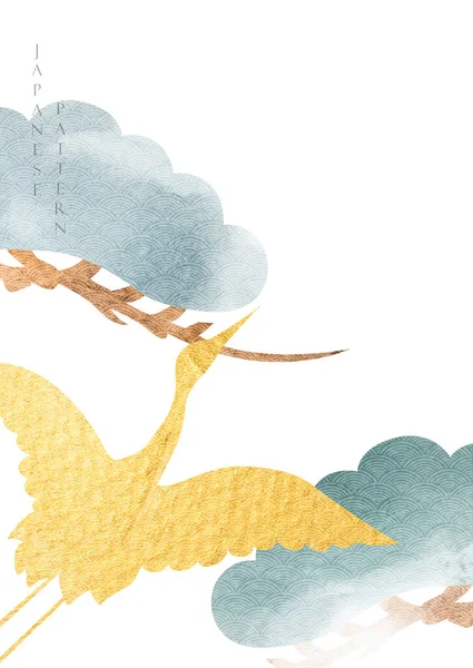 Kranfåglar Och Tall Träd Illustration Med Akvarell Konsistens Vektor Orientalisk — Stock vektor
