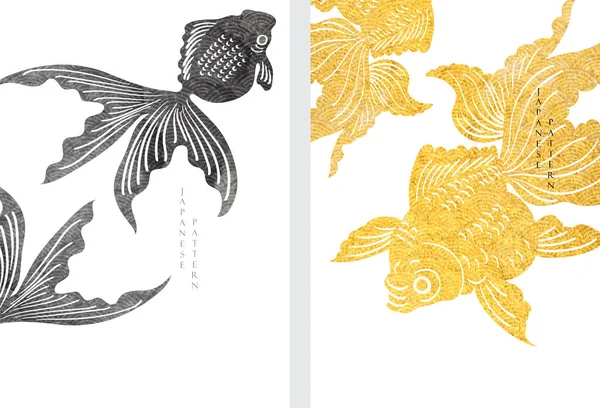 Japon Dalga Desenli Altın Balık Arka Planı Eski Tarz Hayvan — Stok Vektör