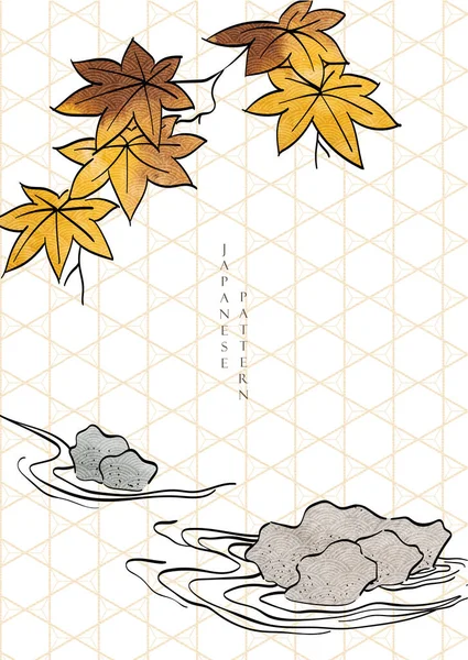 アジアの伝統的なカエデの葉と石の装飾ベクトルと日本の背景 ヴィンテージスタイルの抽象的なアート要素を持つ幾何学模様のバナーデザイン — ストックベクタ