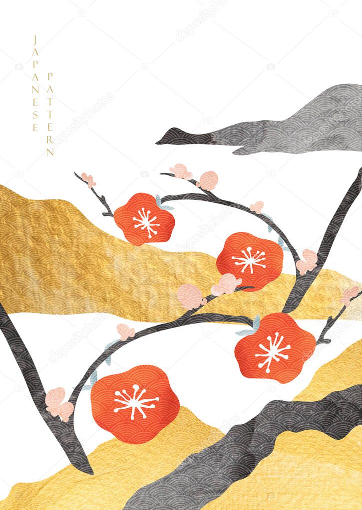 Chinese background with Gold and black texture vector. Abstract art banner design with mountain forest in vintage style.