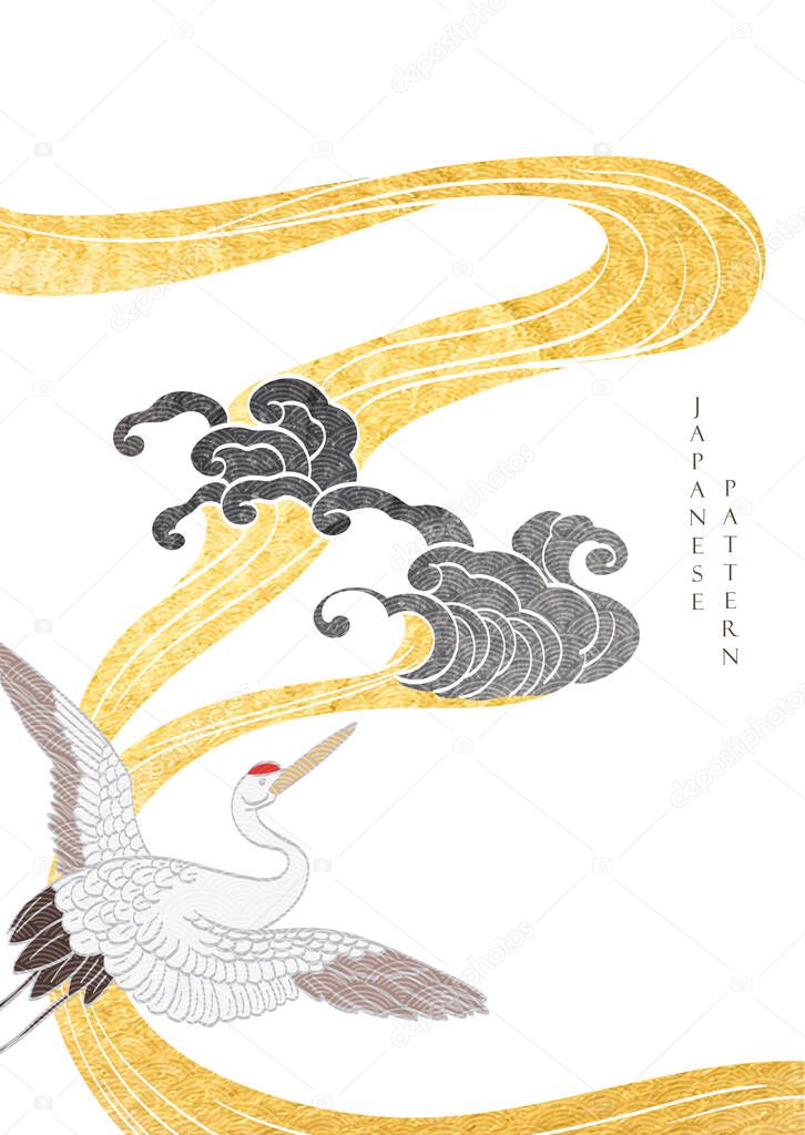 Gold texture decoration with crane birds elements vector. Asian background with oriental background such as hand drawn wave icon in vintage style.