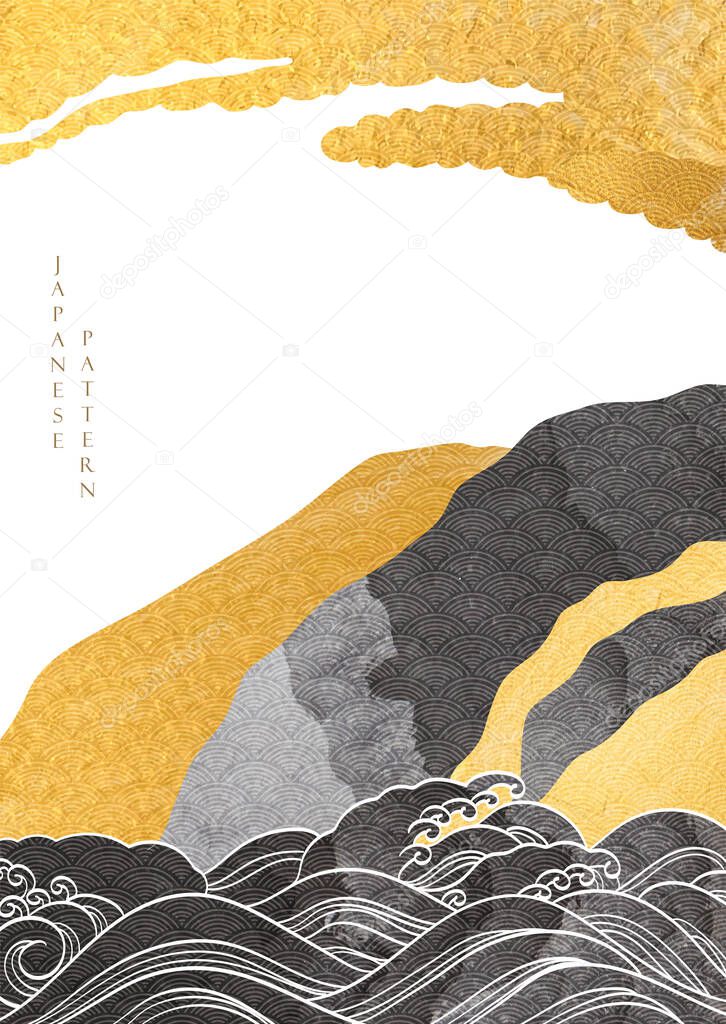 Chinese background with Gold and black texture vector. Hand draw ocean wave pattern in vintage style. Abstract landscape banner design.
