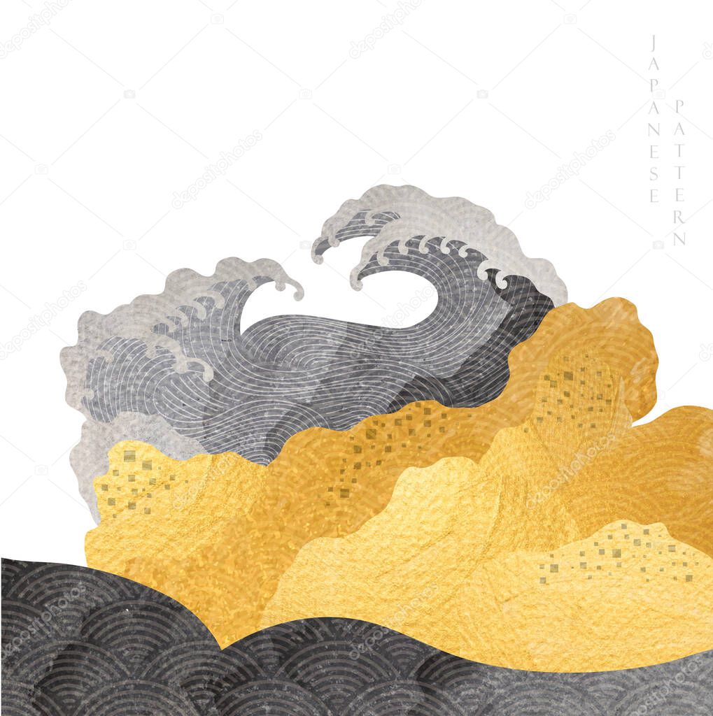 Chinese background with Asian traditional icon vector. Gold and black texture with wave pattern in vintage style. Abstract landscape banner design. Stone and ocean sea element.