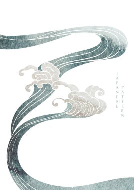 Japonca arka plan ve suluboya doku vektörü. Klasik tarzda el çizimi dalga elemanları ile boya fırçası dekorasyonu.