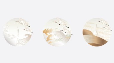 Altın doku vektörlü sanat manzarası. Japonların el çizimi vinç kuşları ve eski tarz dağ pankartı..