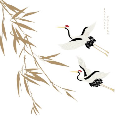 Geleneksel Çin tarzında kiraz çiçeği dalı ve turna kuşu kart tasarımının vektör çizimi.