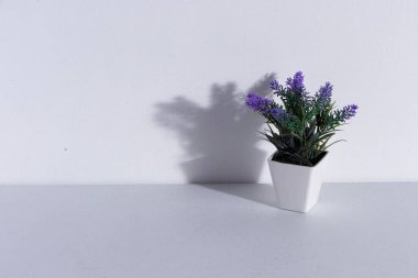 Beyaz masadaki yapay mor lavanta bitkisi. Duvarda sert gölge ve metin için yer var.