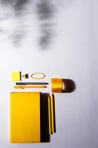 Biały Stół Cieniami Roślin Kolorowe Ołówki Klipsy Wstążki Żółte Naklejki — Zdjęcie stockowe