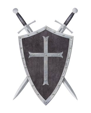 Demir haçla süslenmiş iki kılıç ve kalkan beyaza izole edilmiş.