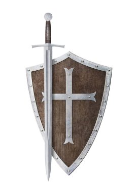 Kılıç ve kalkan demirden haçla süslenmiş beyaza izole edilmiş.