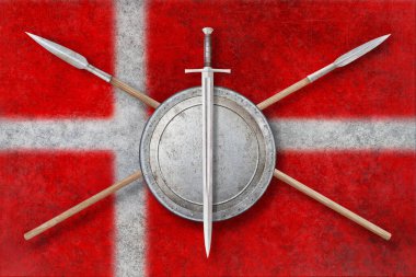 Grunge Danimarka bayrak arka planında viking silahı
