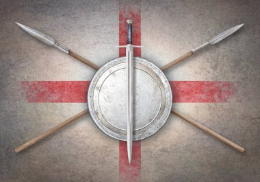 Grunge English bayrak arkaplanındaki antik silah seti