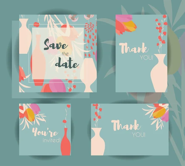 Plantillas de tarjeta de invitación de boda, conjunto de boda con costura floral — Archivo Imágenes Vectoriales