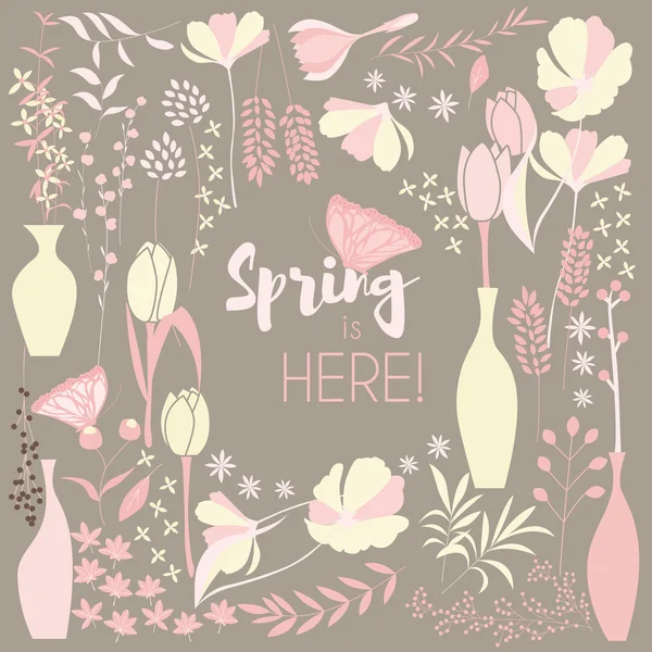 Floral lente kaart ontwerp, met de hand getekend bloemen, florale elementen en monarch butterflies — Stockvector