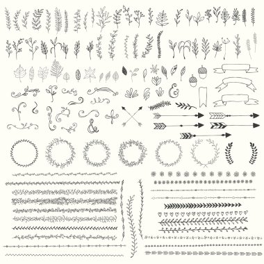 Hand drawn vintage leaves, arrows, feathers, wreaths, dividers,  clipart