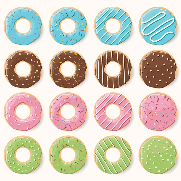 Colección de dieciséis rosquillas de colores vidriados con diferentes flav — Vector de stock