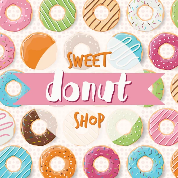 Diseño de póster con coloridas rosquillas brillantes para una tienda de rosquillas — Vector de stock