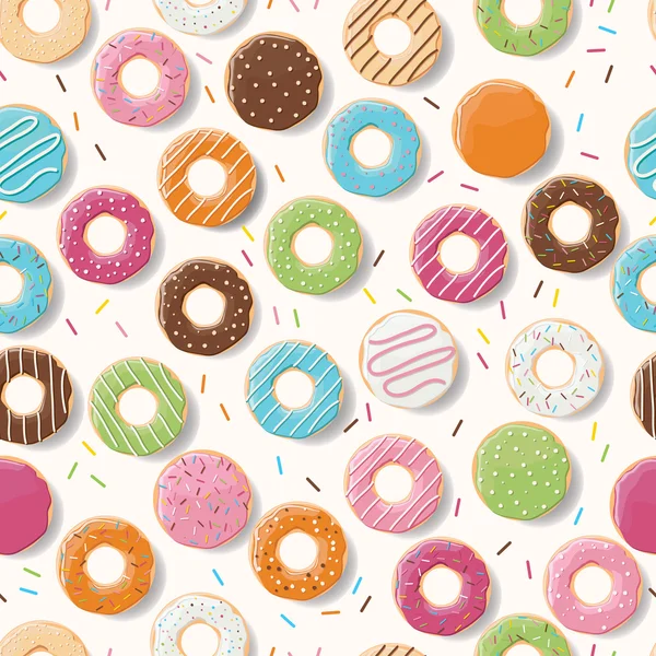 Бесшовный узор с красочными вкусными глянцевыми пончиками — стоковый вектор