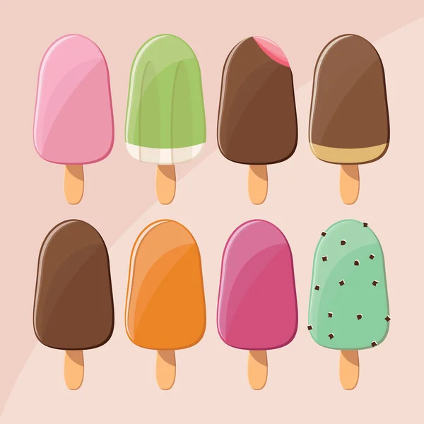 Colección de deliciosos helados brillantes paletas sabrosas, golosina de verano — Vector de stock