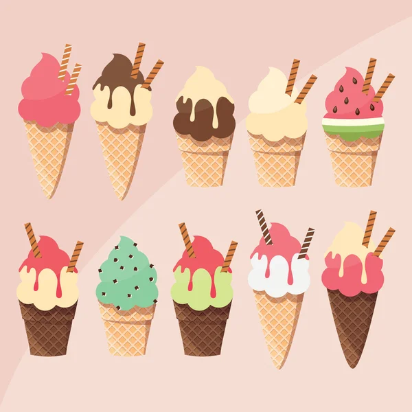 Colección de deliciosas y sabrosas cucharadas de helado y conos, golosina de verano — Archivo Imágenes Vectoriales