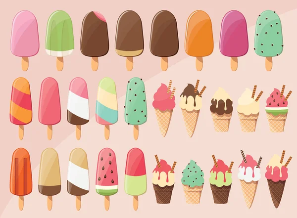 Enorme colección de 28 deliciosos helados brillantes paletas, cucharadas y conos — Vector de stock