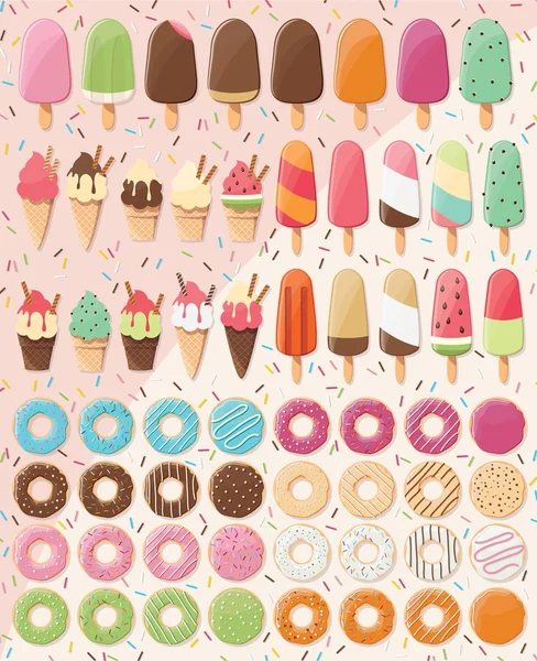 Huge collection of 28 ice creams and 32 donuts, delicious and tasty summer treats — Stock Vector