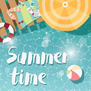 Modern tipografik yaz afiş tasarımı flip flop, havuz ve plaj öğeleri