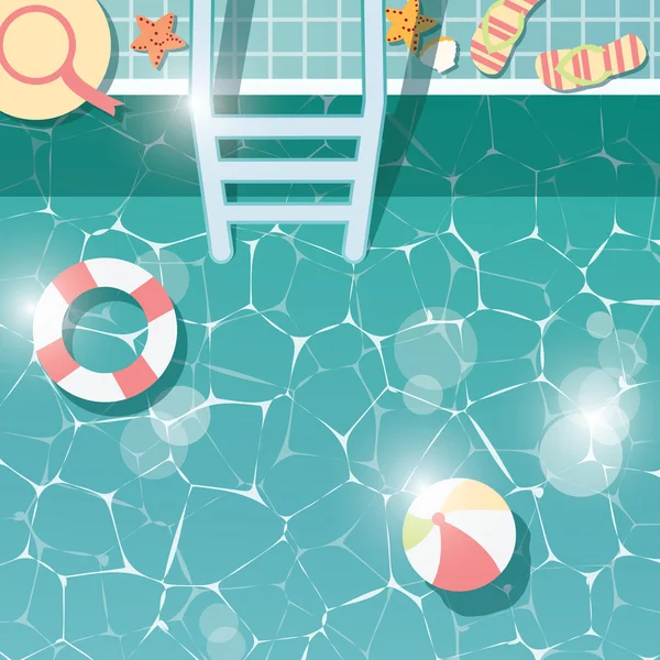 Schwimmbadseite, Aussicht von oben, Sommerurlaub, klares Wasser mit Strandutensilien — Stockvektor