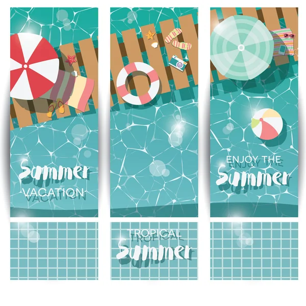 Drei vertikale Banner mit Schwimmbad, Draufsicht, Sommerurlaub — Stockvektor