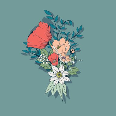 Vektör çiçek buketi, botanik ve çiçek dekorasyon elle çizilmiş