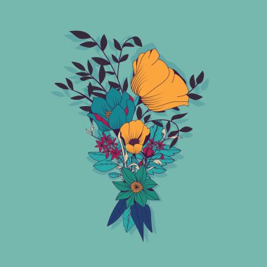 Vektör çiçek buketi, botanik ve çiçek dekorasyon elle çizilmiş