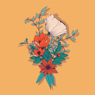 Vektör çiçek buketi, botanik ve çiçek dekorasyon elle çizilmiş