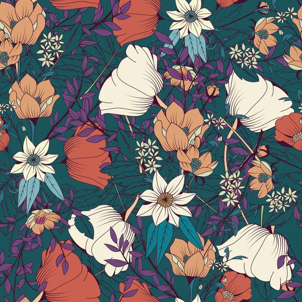 Naadloze patroon ontwerp met de hand getekende bloemen en bloemen elementen — Stockvector